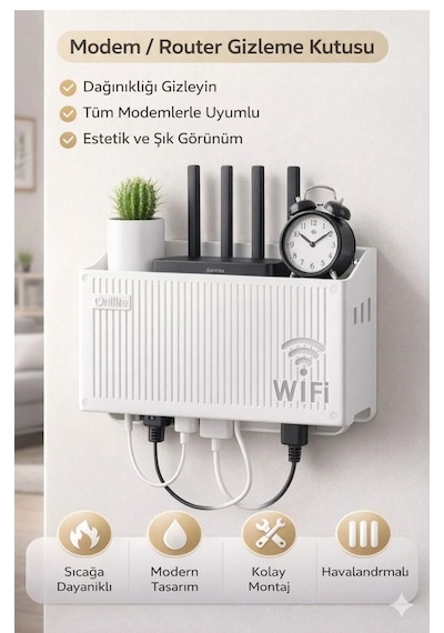Wifi Modem Saklama Kutusu Plastik Malzeme İle 15x25x6 Cm Boyutlarında Şık Duvar Tipi Yapışkanlı Vida Hediyedli 2 Adet Beyaz - Gri