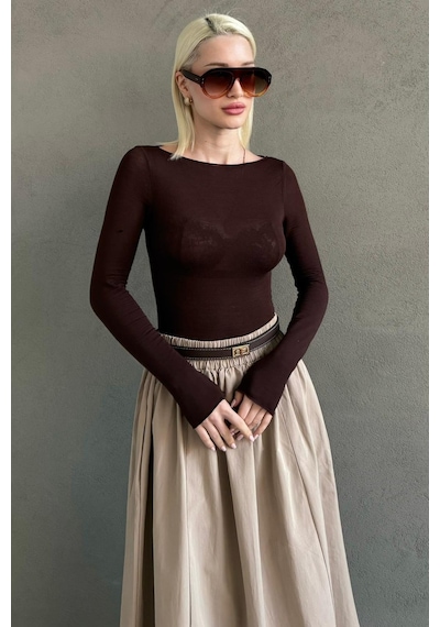Kahverengi Kayık Yaka Transparan Kadın Bluz Mg2663 Kahverengi