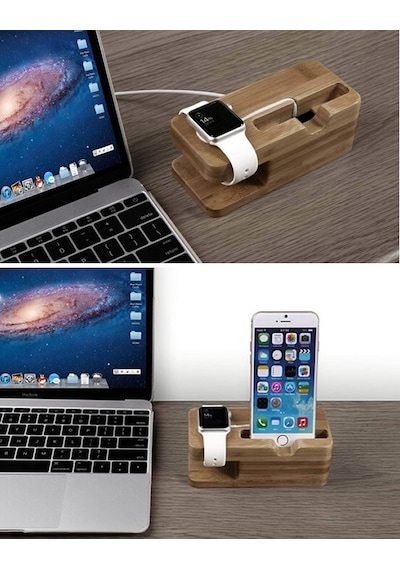 Watch ve Apple Uyumlu iPhone  Bambu Masaüstü Dock Şarj Standı