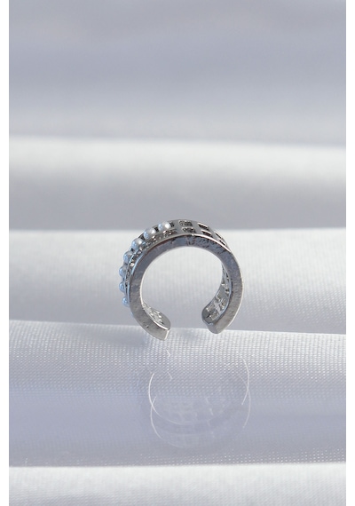 Pirinç Gümüş Renk İncili Baget Taşlı Earcuff Küpe Gümüş