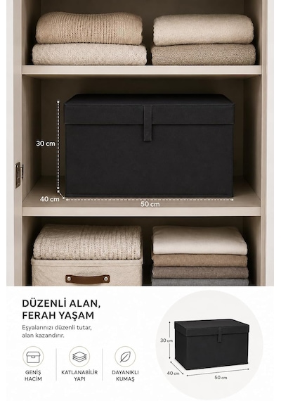 Çok Amaçlı Saklama Kutusu Düzenleyici Kapaklı Sandık Tipi Kutu Hurç Organizer 3 Lü Set Antrasit, Maxi 50x40x30 Diğer