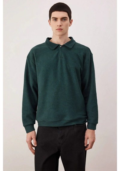Benerly Erkek Polo Yaka Standart Kol Oversize Kalın Çıtçıtlı Sweatshirt F Yeşil