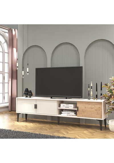 Marin Tv Ünitesi Tv Sehpası 180 Cm Çizgi Desenli , Raflı , Sis Gr Marin Tv Ünitesi Tv Sehpası 180 Cm Çizgi Desenli , Raflı , Sis Gr