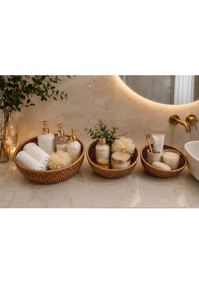 Morponi 3'lü Set Rattan Yuvarlak Çok Amaçlı Sepet - Mutfak Meyvelik & Banyo Organizer Düzenleyici Shr328 Sarı