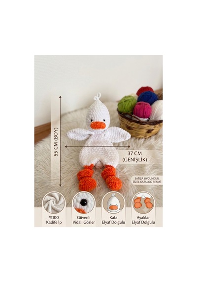 El Örgüsü Uyku Arkadaşı Büyük Boy 55 Cm Peluş Ördek Oyuncak Hediyelik Beyaz Beyaz