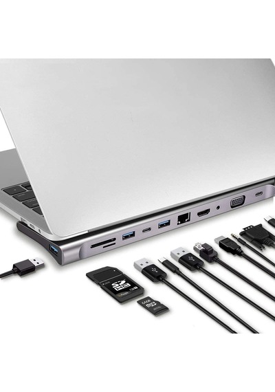7010 11'i 1 Arada Tip-c Hub Adaptör Usb Tip C - Hdmı Vga Ses Pd Kart Okuyucu Rj45 Ağ Kartı Bağlantı İstasyonu Dönüştürücü Dizüstü Bilgisayar Pc İçin
