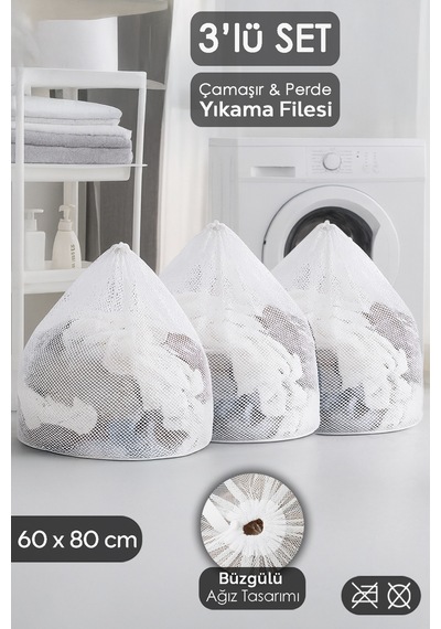 3'lü Perde Ve Çamaşır Yıkama Filesi Seti - Büyük Boy İpli Yıkama Filesi 60x80 Cm Beyaz