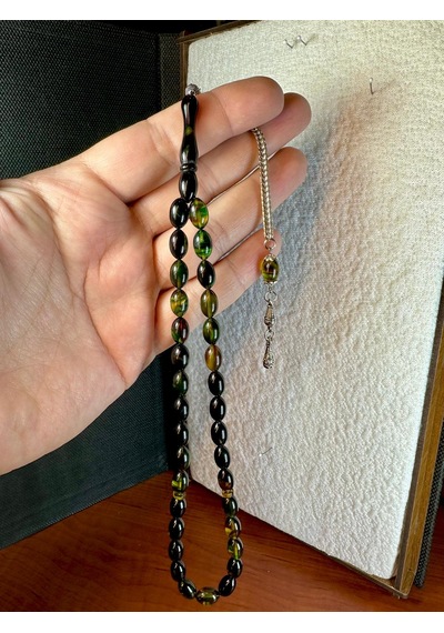 Ateş Kehribar Tesbih Koyu Yeşil Renkli Beyzi Kesim T-229