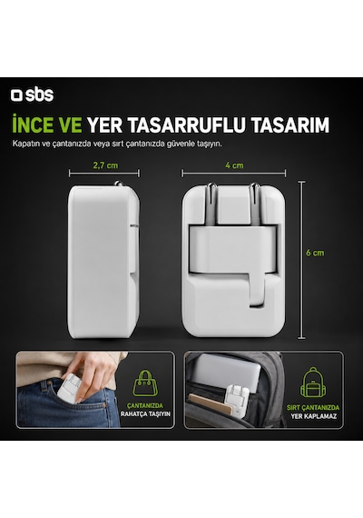 Sbs Flexi 20w Gan Katlanabilir Hızlı Şarj Adaptörü Usb-c Pd 20w + Usb-a Afc 18w Çift Çıkış Beyaz