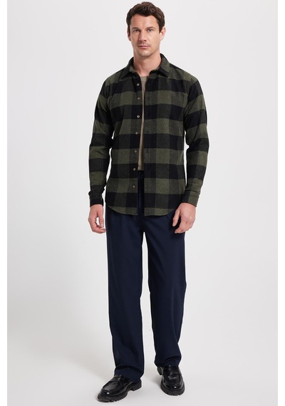 Tudors Erkek Slim Fit Dar Kesim Kareli Kışlık Oduncu Gömlek-42332 Haki
