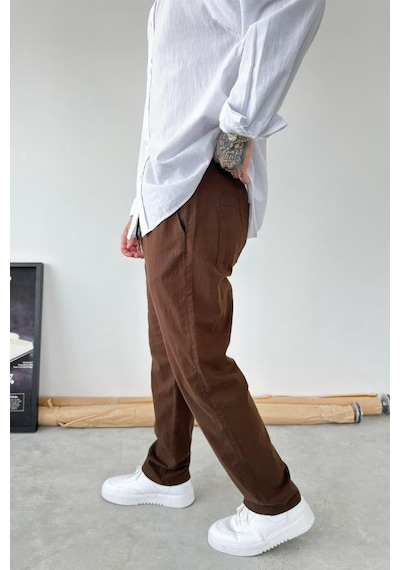 Kahverengi Baggy Keten Pantolon