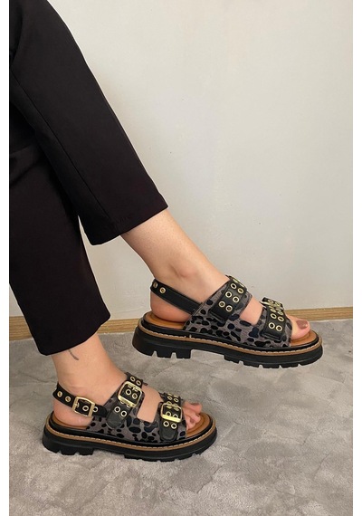 Preshley Kadın Mendez Siyah Leopar Çift Bantlı Kabsül Ve Vardola Deyatlı Kalın Taban Ortopedik Sandalet K-120 Preshley Kadın Mendez Siyah Leopar Çift Bantlı Kabsül Ve Vardola Deyatlı Kalın Taban Ortopedik Sandalet K-120