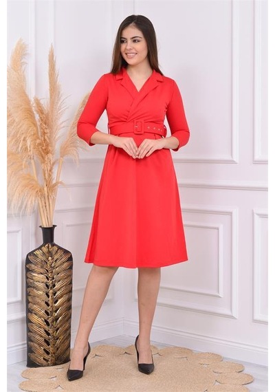 Dip Moda Kadın Kermerli Astarsız Krep Elbise Dpndbks016 Kırmızı