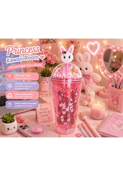 Çift Katlı İçecek Bardağı Led Işıklı Pipetli Kawaii Chibi Sevimli Tavşan Figürlü Suluk 450ml Kırmızı