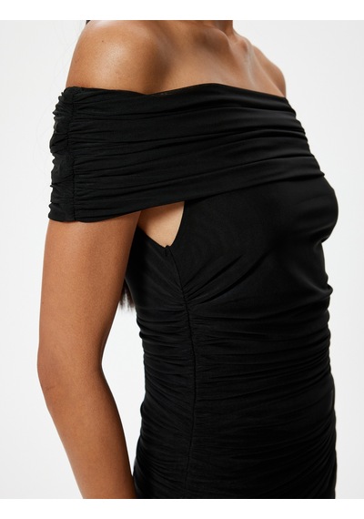 Koton Mini Omzu Açık Abiye Elbise Drapeli Madonna Yaka Slim Fit Siyah 5wak80030fk Siyah