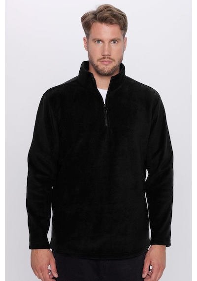 Tudors Unisex Standart Fit Rahat Kesim Tüylenme Yapmayan Soğuk Geçirmez Siyah Dik Yaka Polar Sweatshirt-30131 Siyah