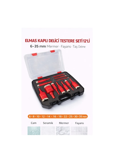 Senbang Elmas Kaplı Delici Seti 12 Li Kırmızı Özel Kutulu 6 35 Mm Cam Seramik Mermer Fayans Delme Uçları