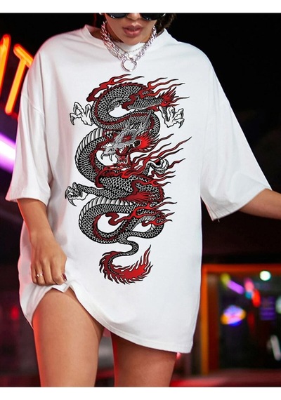 Flood Of Style Kadın Beyaz Dragon Baskılı Oversize Bisiklet Yaka T-shirt