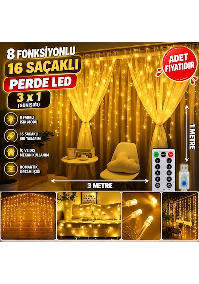8 Fonksiyonlu 16 Saçaklı Perde Led 3 X 1 Günışığı -