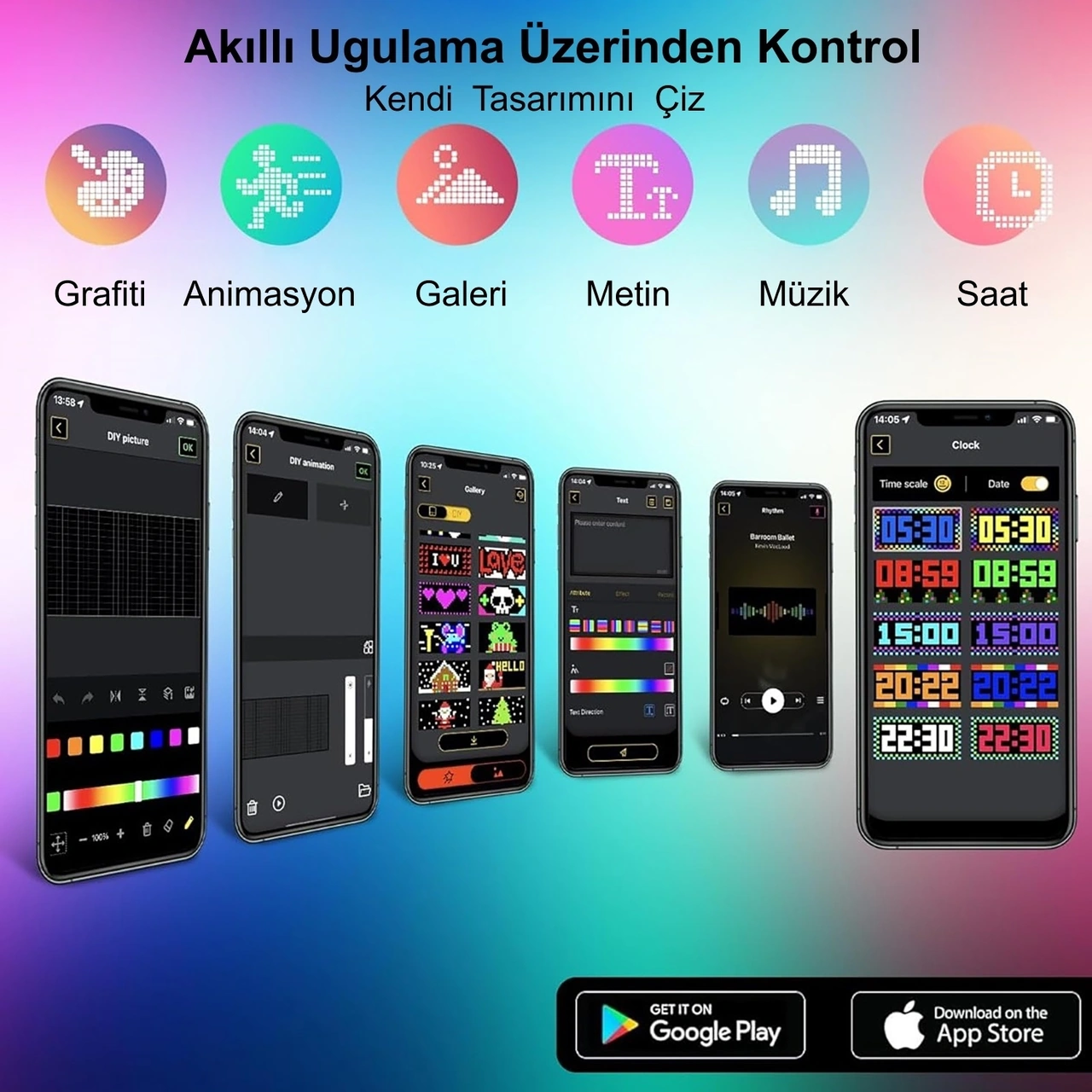 Hymark 35x10cm Programlanabilir Led Matrix Kayan Yazı 20x64 Pixel Emoji Tabela Araba Bluetooth App Kontrol