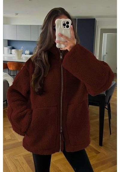 Madmext Acı Kahverengi Dik Yakalı Cepli Peluş Mont Mg1966 Acı Kahverengi