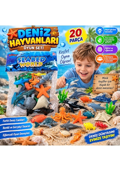 Deniz Hayvanları 20 Parça Oyuncak Seti Eğitici Deniz Canlıları Figürleri, Çocuklar İçin Eğlenceli Oyun Seti