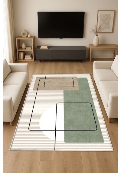 STY Home Krem Dijital Baskı Halı Kaymaz Tabanlı Yıkanabilir Halı Yolluk Salon Halısı130