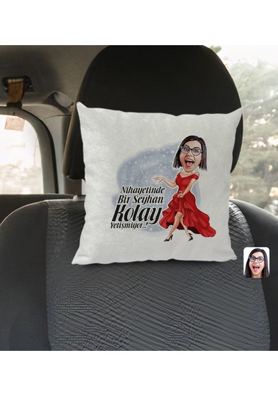 Bk Gift Kişiye Özel İsimli Kadın Nihayetinde Karikatürlü Kare Araç Koltuk Yastığı-1 Çok Renkli