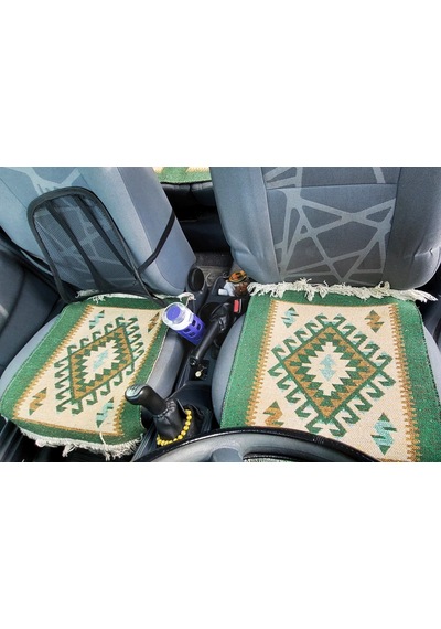 Reversible Oto Koltuk Kilim Seti 3 Parça Makine Dokuma Akrilik & Polyester Saçaklı - Yeşil