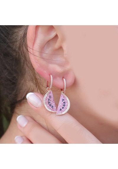 Zirkon Taşlı Rose Gold Kaplama Karpuz Gümüş Küpe Gümüş