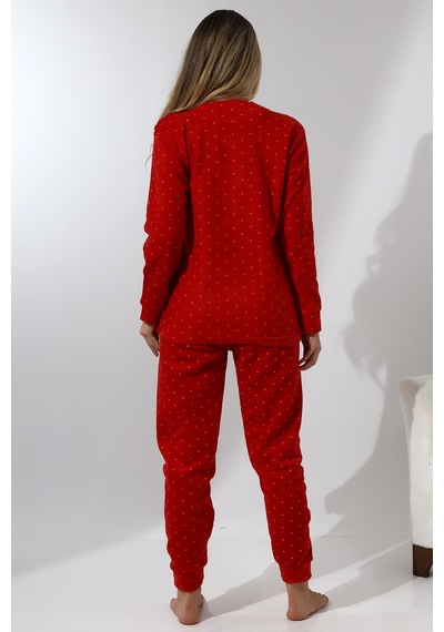 Wordex Fawn 5016 Peluş Welsoft Polar Kışlık Yumoş Geyikli Kadın Pijama Takımı Kırmızı