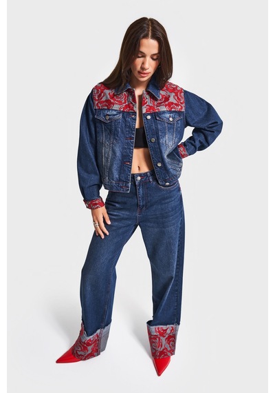 Kadın Koyu Kot Rengi 2w5-10 Özel Kırmızı Desen Nakışlı %100 Koton Tasarım Denim Ceket Koyu Kotrengi