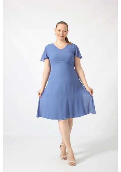 Moda Berray 3297 İndigo Kolu Fırfırlı Bele Oturan Astarlı Şifon Elbise İndigo