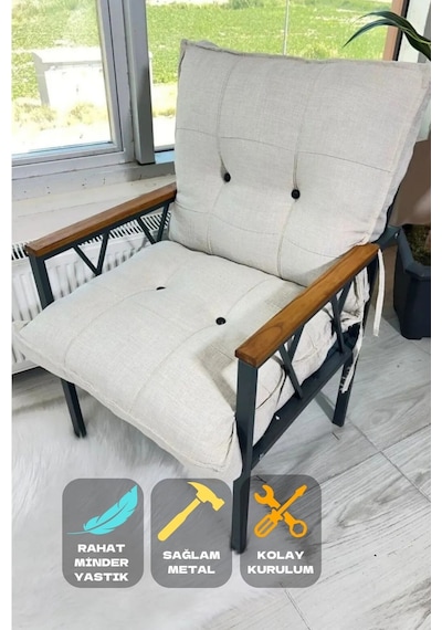 Miray Düğmeli Krem Tekli Koltuk Fermuarlı Keten Kumaş, Modern Konforlu Bahçe Balkon Mobilyası Krem