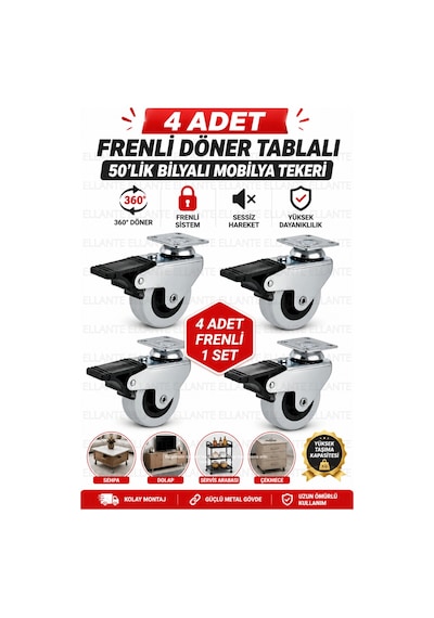 4 Adet Frenli Döner Tablalı 50 Mm Bilyalı Mobilya Tekeri 360 Döner Masa Dolap Sehpa Tekeri Ağır Yük Çok Renkli
