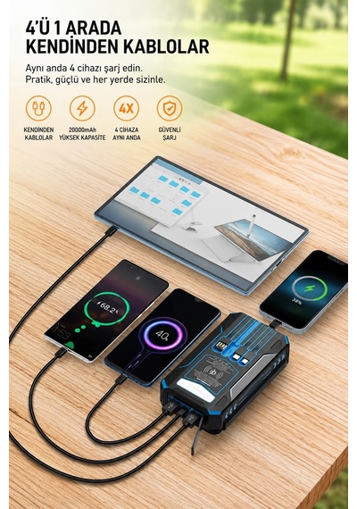 Exenar - Siyah - Güneş Enerjili Powerbank 4 Solar Panel Taşınabilir Şarj Cihazı Kendinden Kablolu Led Fenerli 20000mah Black Exenar - Siyah - Güneş Enerjili Powerbank 4 Solar Panel Taşınabilir Şarj Cihazı Kendinden Kablolu Led Fenerli 20000mah Black