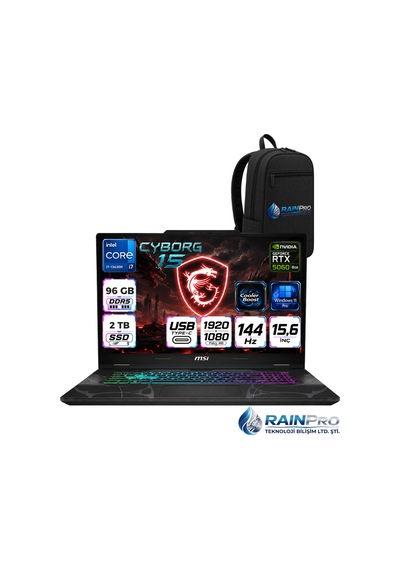 MSI Cyborg 15 B13WFKG-490XTRRNP31 Core i7-13620H 96 GB 2 TB SSD 8 GB RTX5060 15.6" FHD W11P Dizüstü Bilgisayar + Çanta