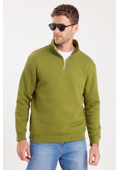 Tudors Unisex Relax Fit Rahat Kesim Pamuklu İçi Polarlı Yarım Fermuarlı Haki Dik Yaka Sweatshirt-31452