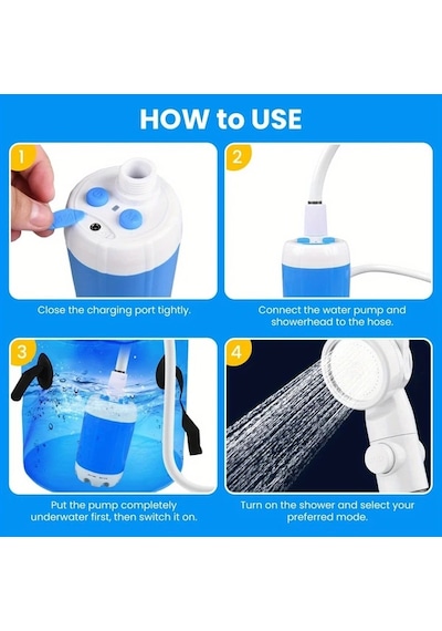 Wangxi Mavi Yeniden Sarj Edilebilir Elektrikli Duş Pompası Akilli Dijital Ekran Usb Sarj Lityum Pil Kamp Yuruyus Seyahat Rv İcin Modern Duş Pompası