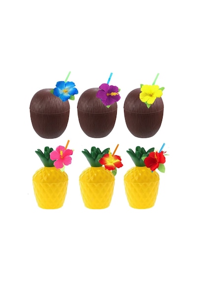 Ananas &amp Hindistan Cevizi Tasarımlı Pipetli Bardak Seti Tdrtr