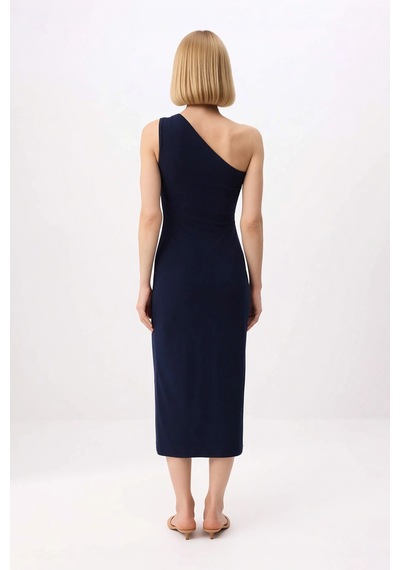 Benerly Kadın Asimetrik Yaka Tek Omuz Bodycon Midi Elbise Aksesuar Detayl Lacivert