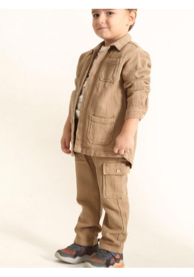 Nanica Kids Erkek Çocuk Beli Lastikli Dokulu Kargo Pantolon-15728 Kahverengi