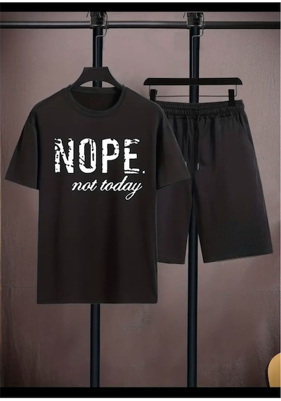 Medinenur Nope Baskılı T-shirt Short Bol Paça Rahat Kalıp Siyah Alt Siyah Üst Short Takım Siyah