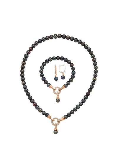 8,5 Mm Zirkon Taşlı Halka Kilitli Doğal İnci Küpe Kolye Bileklik Üçlü Set 40 Cm / Rose Gümüş
