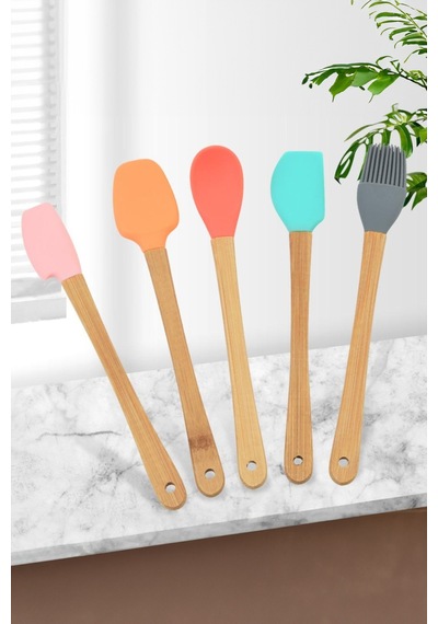 Thentech 5'li Silikon Servis Spatulası Yumurta Sürme Fırçası Silikon Kaşık Tahta Saplı Hijyenik Set Kahverengi