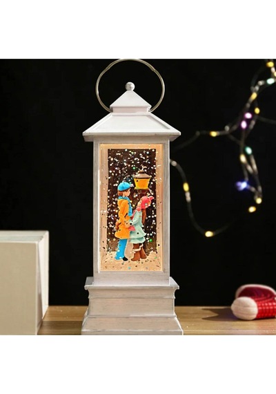 Sokak Lambası Romantik Aşıklar Işıklı Sim Kar Küresi & Mini Peluş Ayıcık