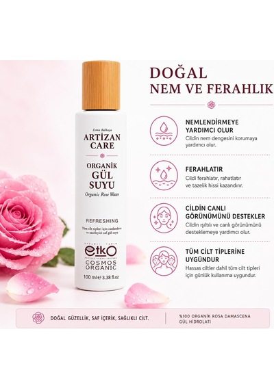 Artizan Care Organik Gül Suyu 100 Ml Cosmos Sertifikalı %100 Saf Gül Suyu Sprey Cam Şişe Tüm Cilt Tipleri