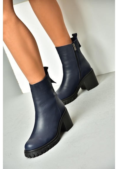 Fox Shoes R654006503 Lacivert Hakiki Deri Kalın Topuklu Kadın Bot Lacivert