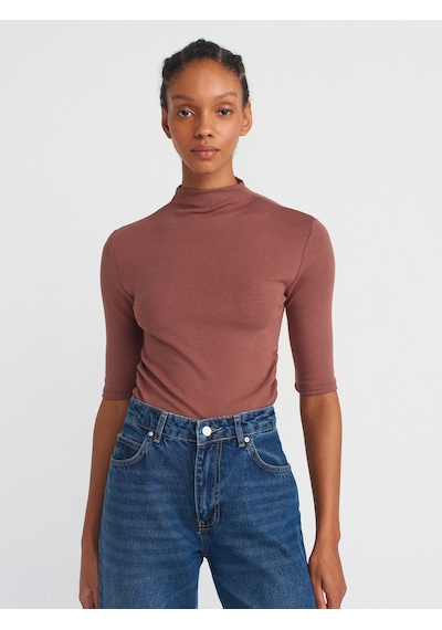Dilvin 31470 Dik Yaka Büzgülü T-shirt Kahverengi Kahve