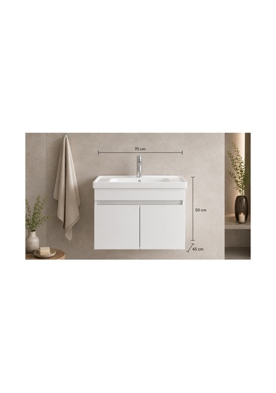 Kale 70cm Beyaz Demonte Lavabolu Alt Banyo Dolabı, Seramik Lavabo Dahil